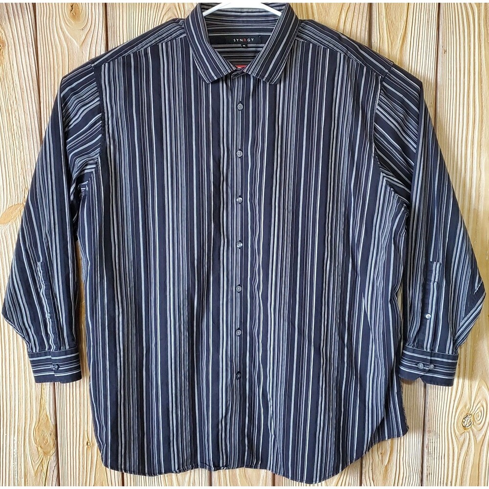 Synergy Shirt Men's 3XL Black Gray Striped Long Sleeve Button Up Cotton DXL
